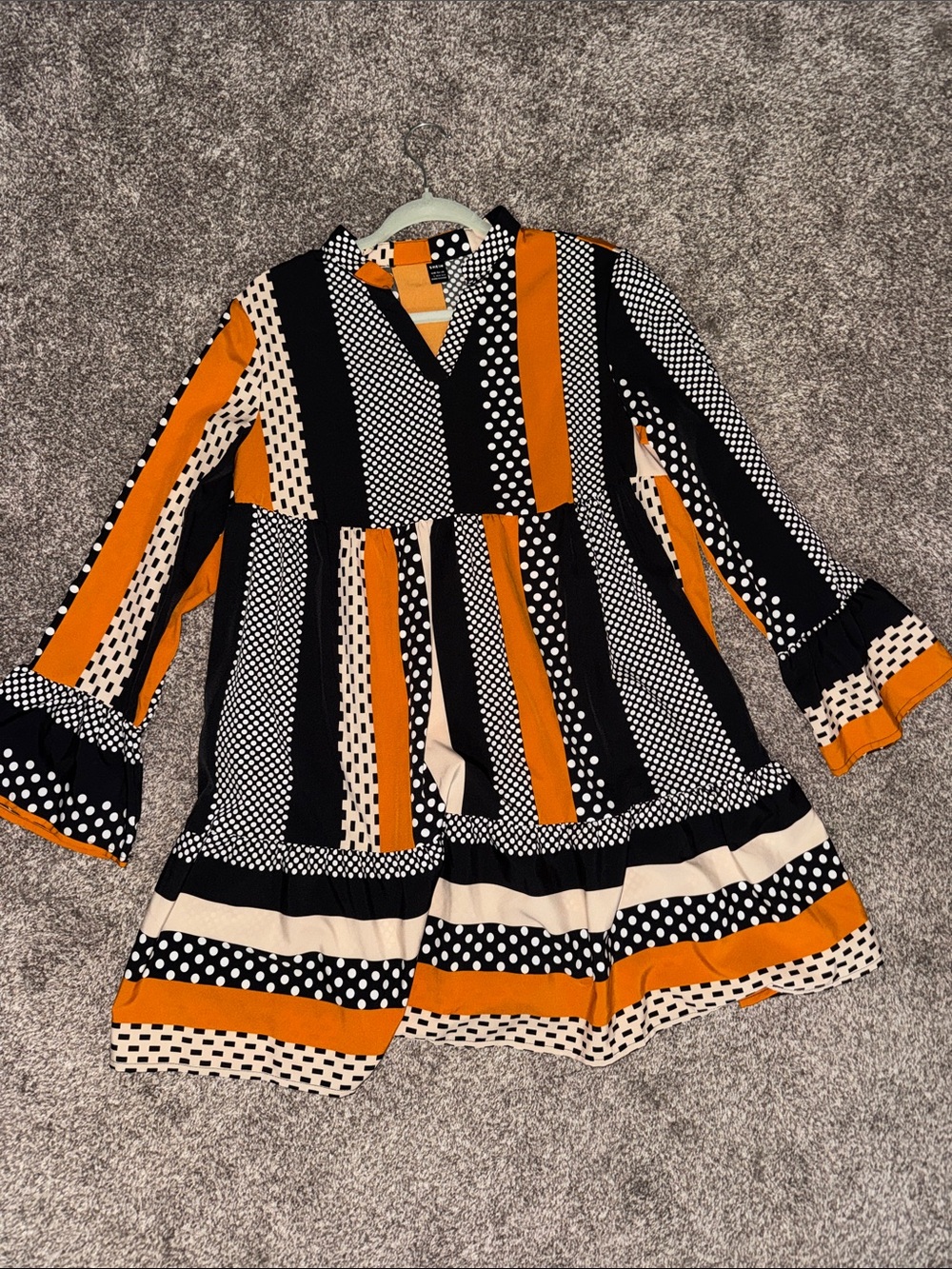Black Orange Cream Polka Dot Striped Long Sleeve Dress